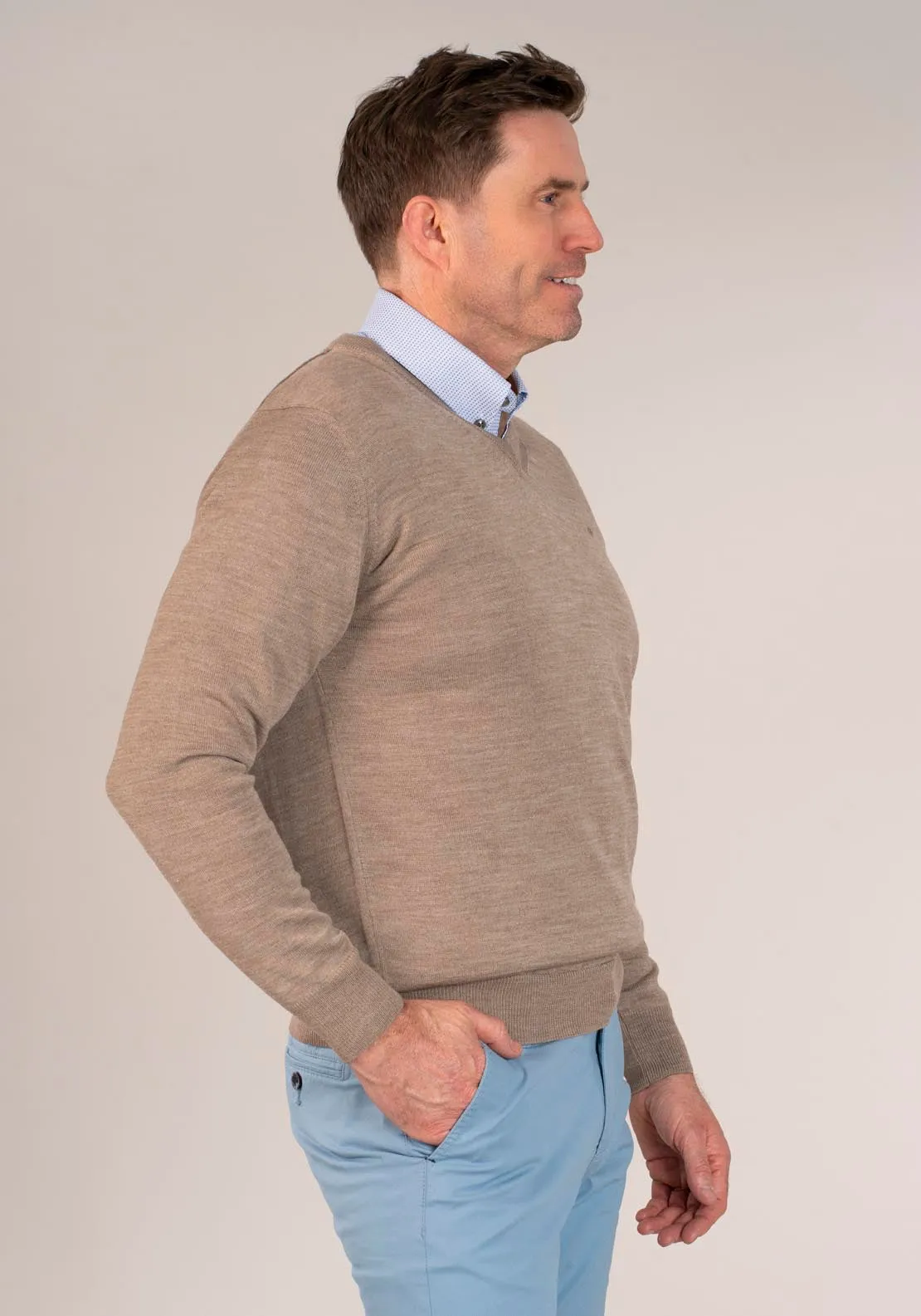50/50 Fine Merino Wool & Acrylic V-Neck Knit - Taupe