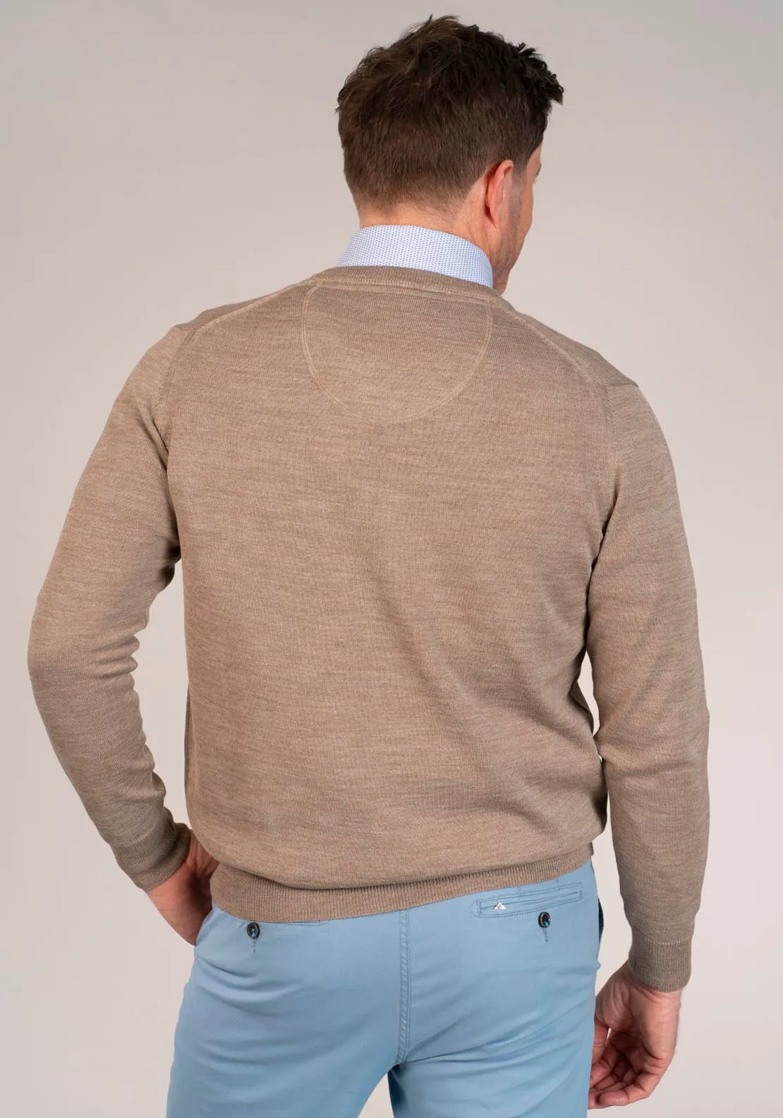 50/50 Fine Merino Wool & Acrylic V-Neck Knit - Taupe