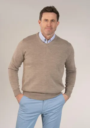 50/50 Fine Merino Wool & Acrylic V-Neck Knit - Taupe