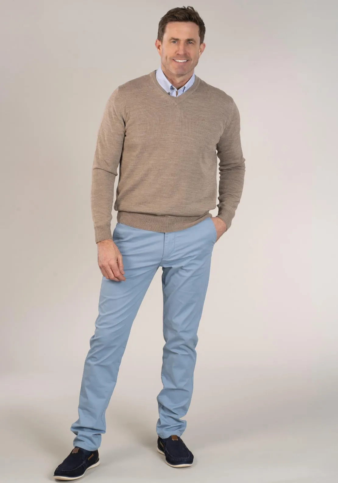 50/50 Fine Merino Wool & Acrylic V-Neck Knit - Taupe