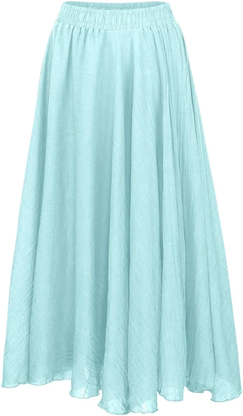 A Line Skirt for Women Trendy Flared High Elastic Waist Solid Loose Pleated Summer Long Skirts for Vacation Streetwear