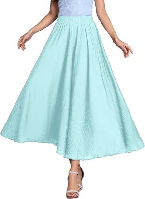 A Line Skirt for Women Trendy Flared High Elastic Waist Solid Loose Pleated Summer Long Skirts for Vacation Streetwear