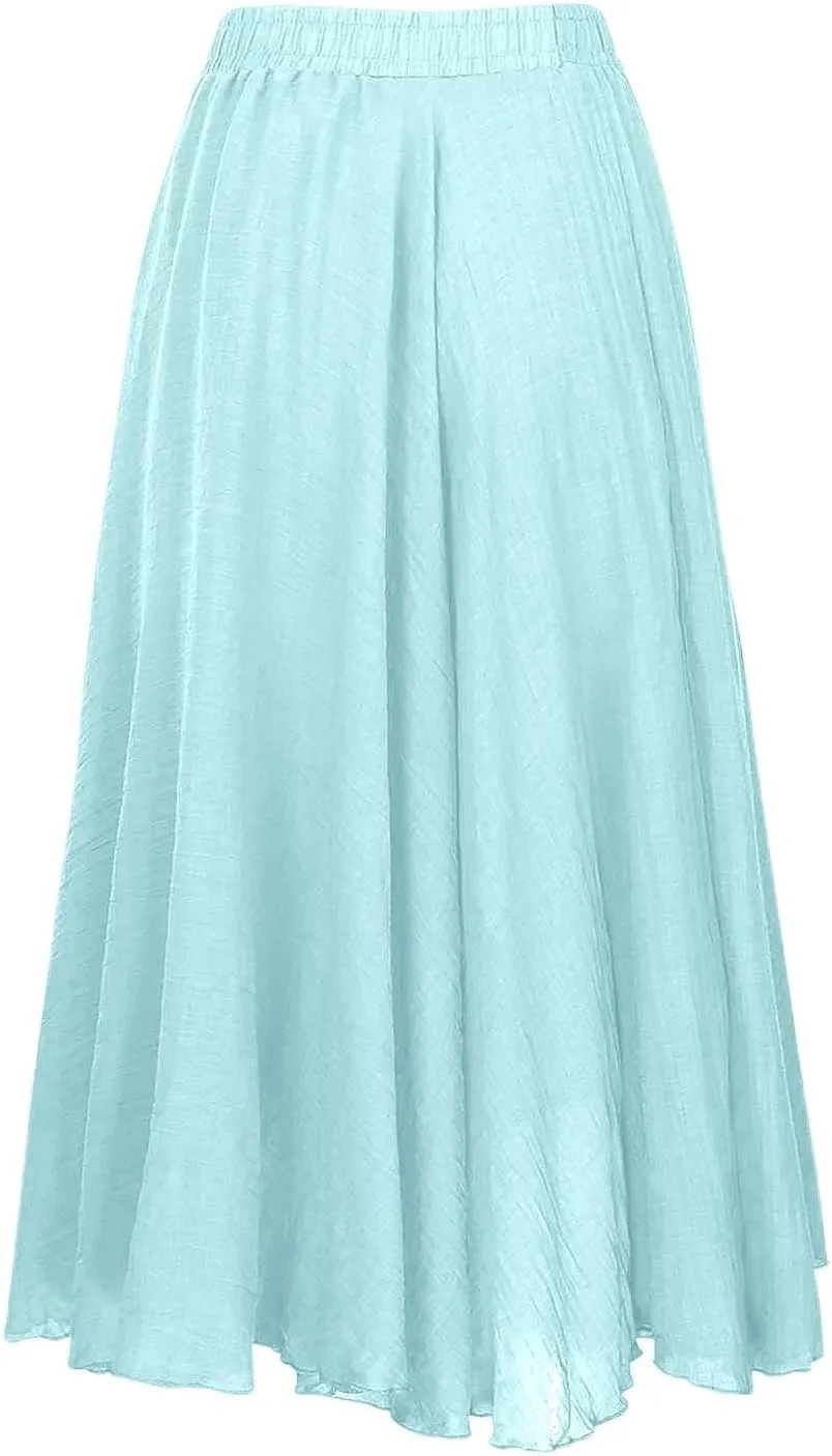 A Line Skirt for Women Trendy Flared High Elastic Waist Solid Loose Pleated Summer Long Skirts for Vacation Streetwear