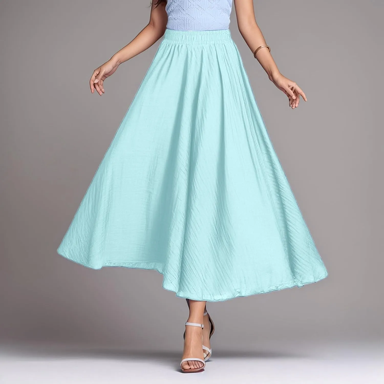 A Line Skirt for Women Trendy Flared High Elastic Waist Solid Loose Pleated Summer Long Skirts for Vacation Streetwear