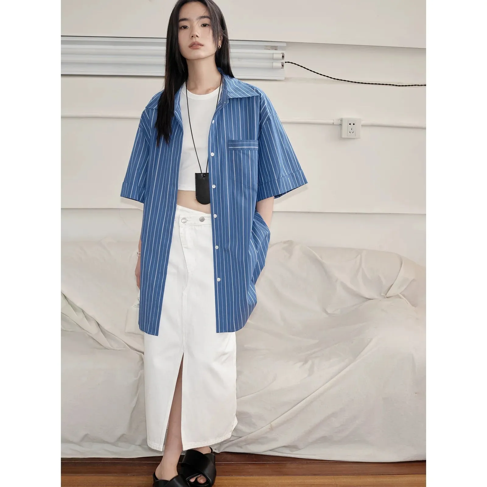 Asymmetrical Front Slit Denim Skirt