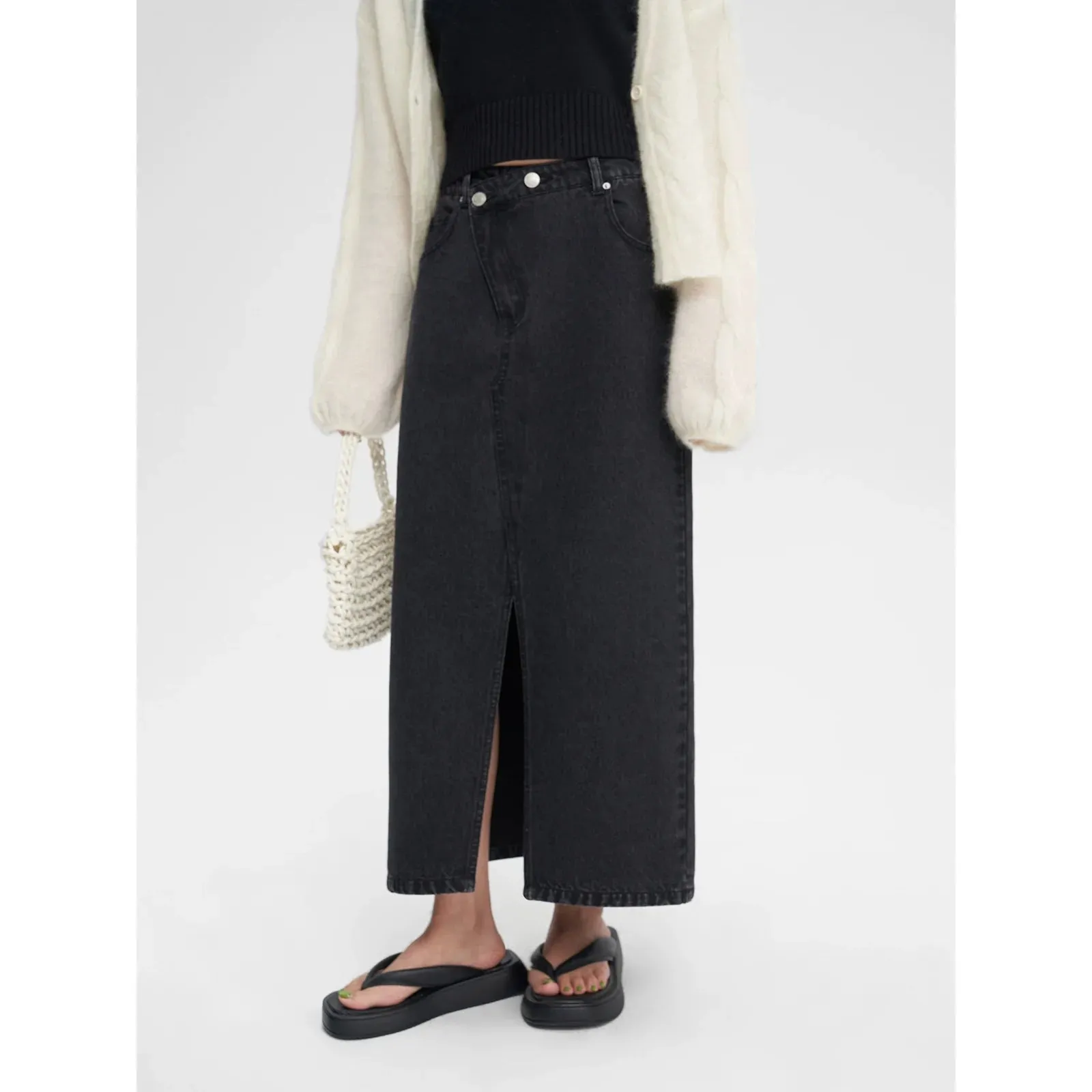 Asymmetrical Front Slit Denim Skirt