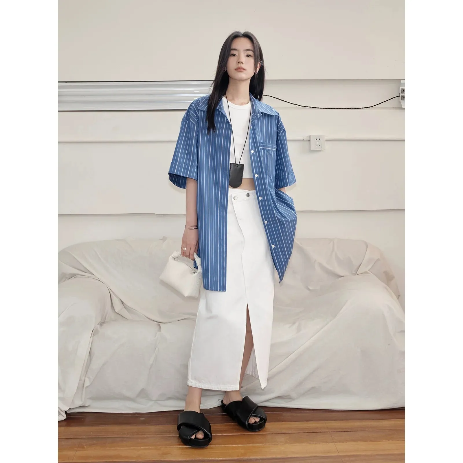 Asymmetrical Front Slit Denim Skirt