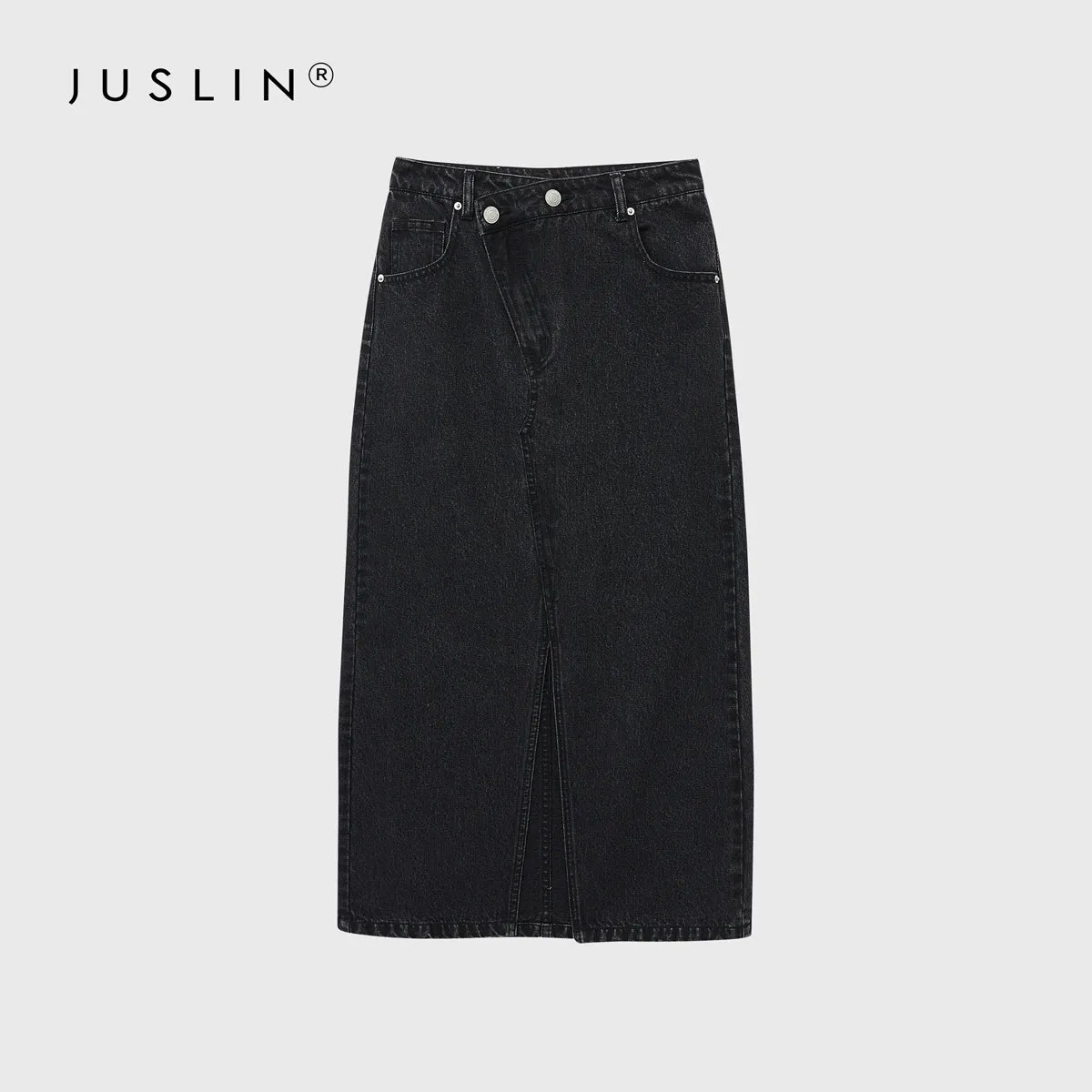 Asymmetrical Front Slit Denim Skirt