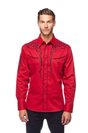 Avalon Men's Embroidered Solid Red Shirt