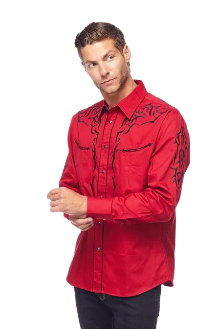Avalon Men's Embroidered Solid Red Shirt
