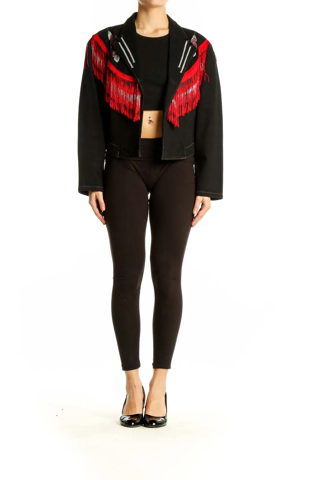 Black Denim Jacket with Red Fringe
