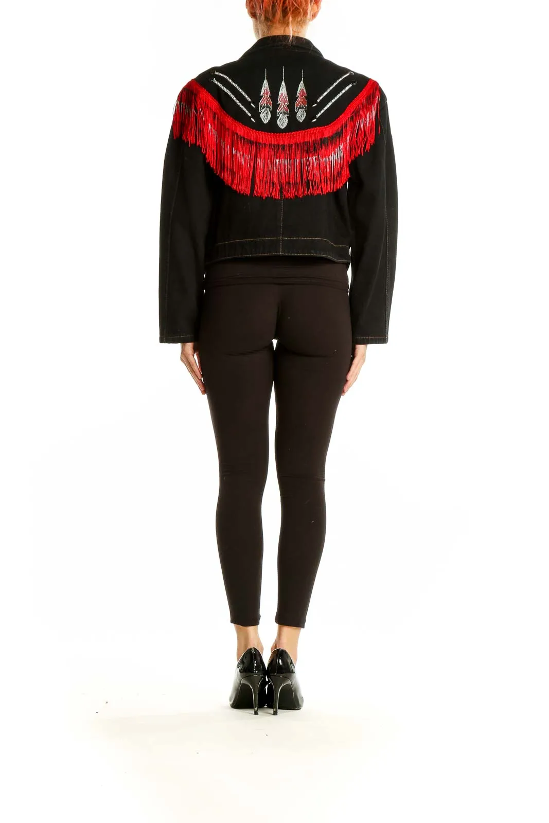 Black Denim Jacket with Red Fringe