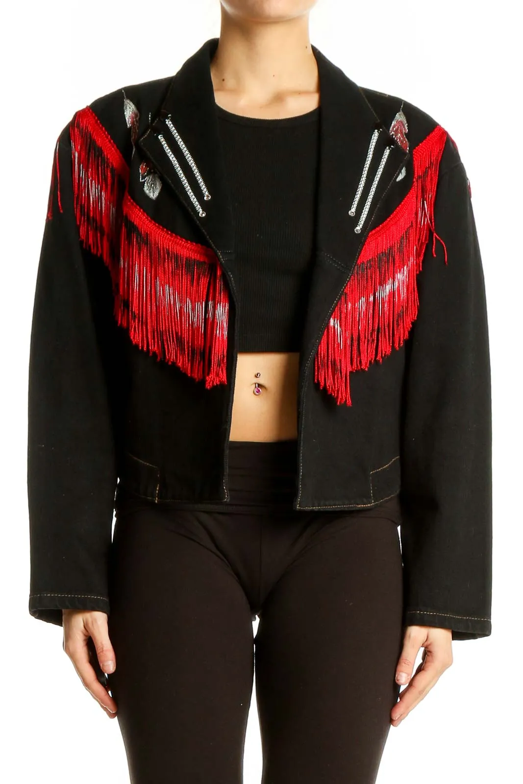 Black Denim Jacket with Red Fringe