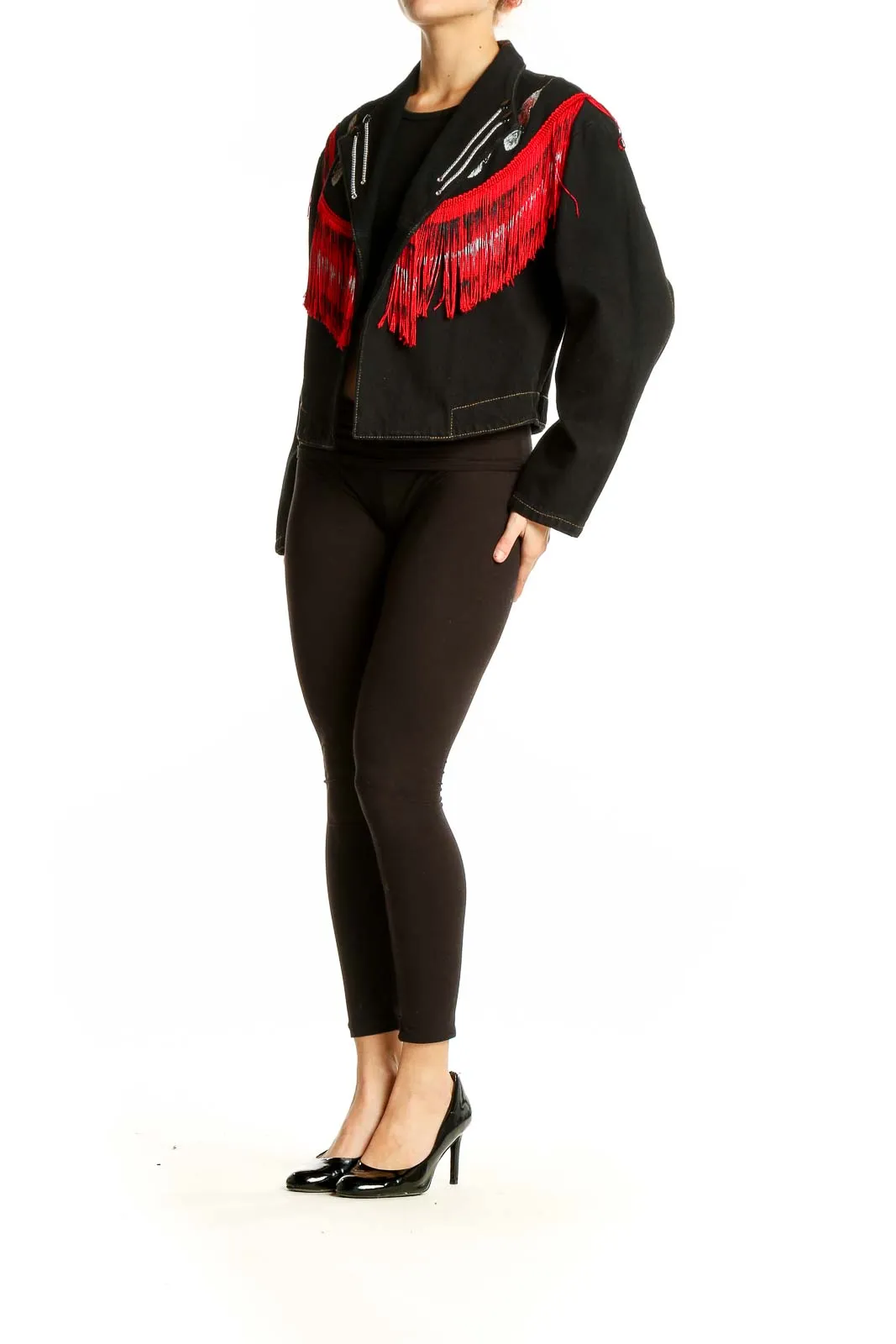 Black Denim Jacket with Red Fringe