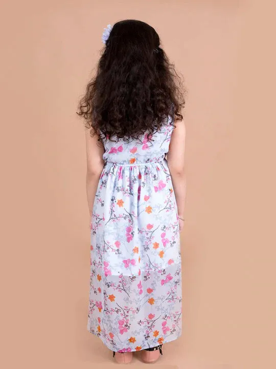 Blue Floral Chiffon Midi Dress