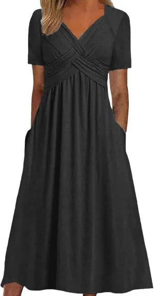 Boho A-Line Dress for Women Flowy V-Neck Sundress with Pockets Casual Beach Midi Dress in Cross Front Embroidery