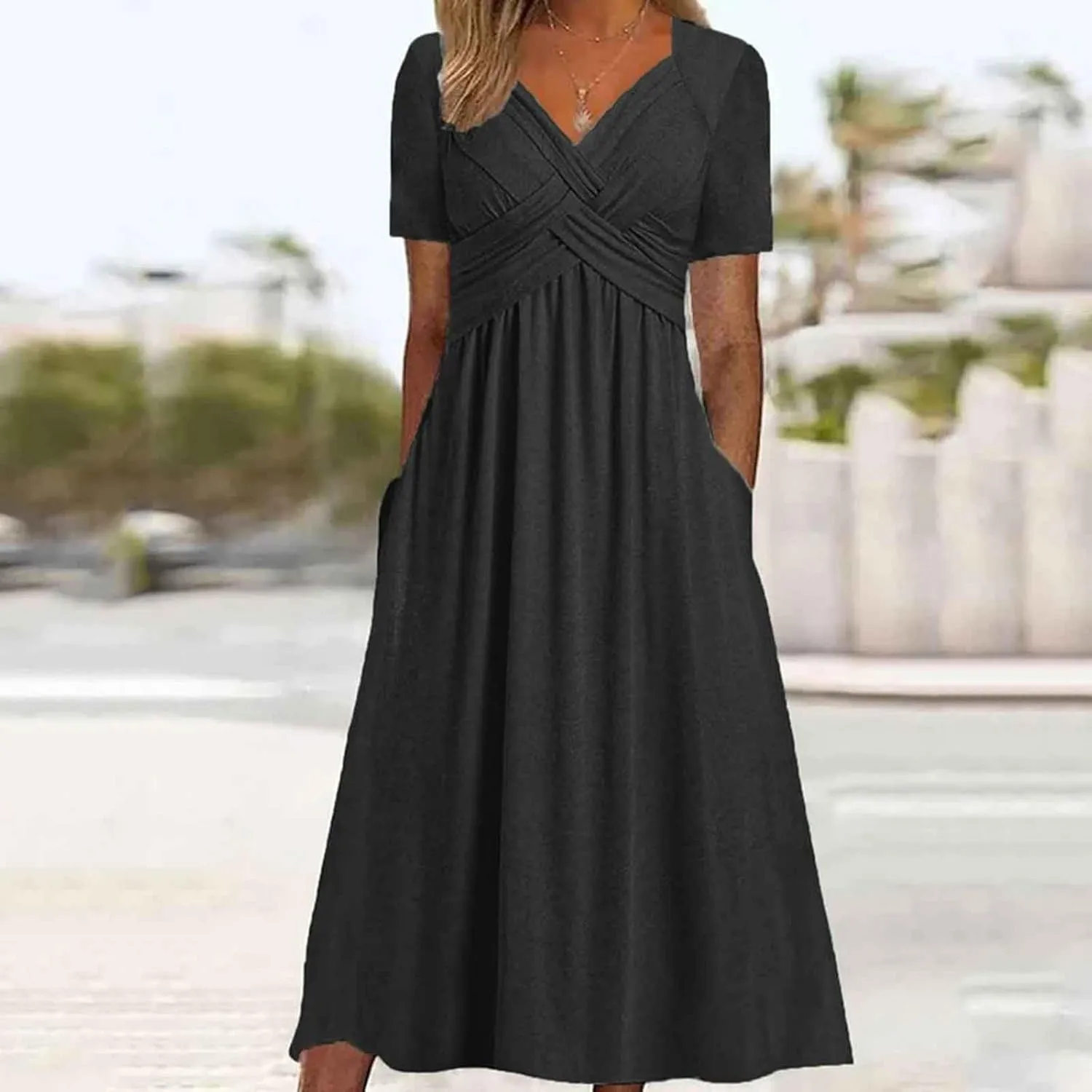 Boho A-Line Dress for Women Flowy V-Neck Sundress with Pockets Casual Beach Midi Dress in Cross Front Embroidery