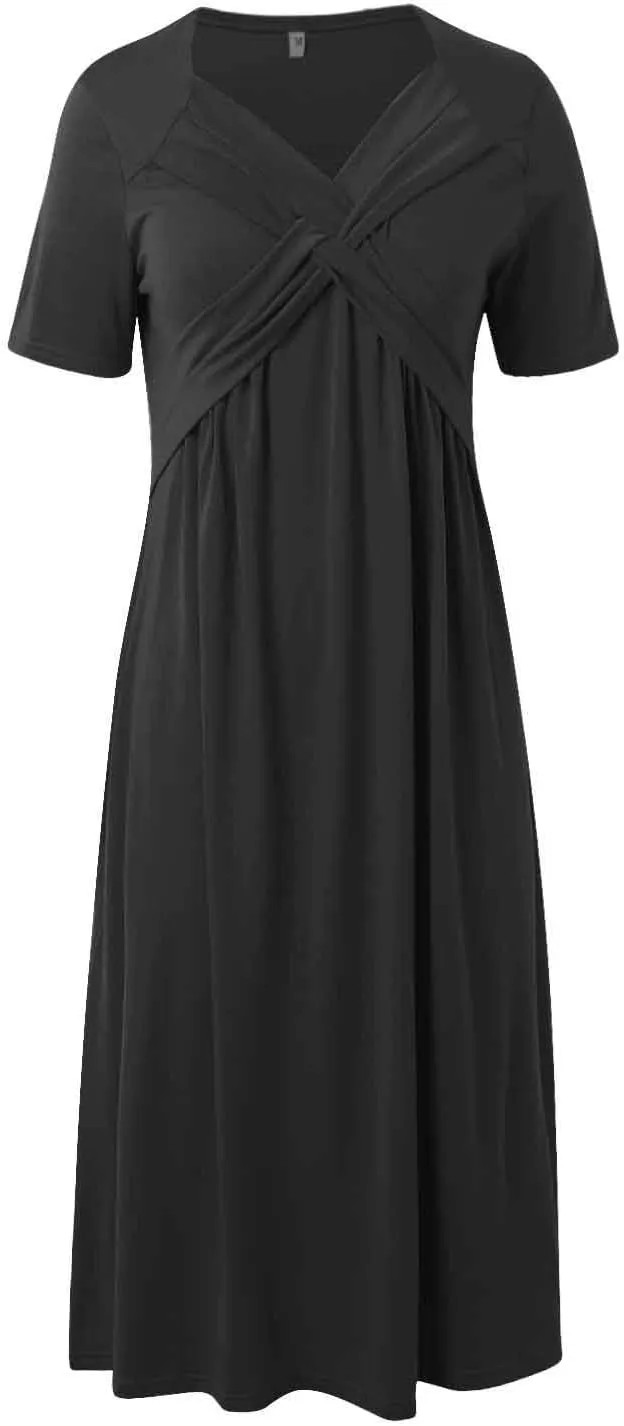 Boho A-Line Dress for Women Flowy V-Neck Sundress with Pockets Casual Beach Midi Dress in Cross Front Embroidery
