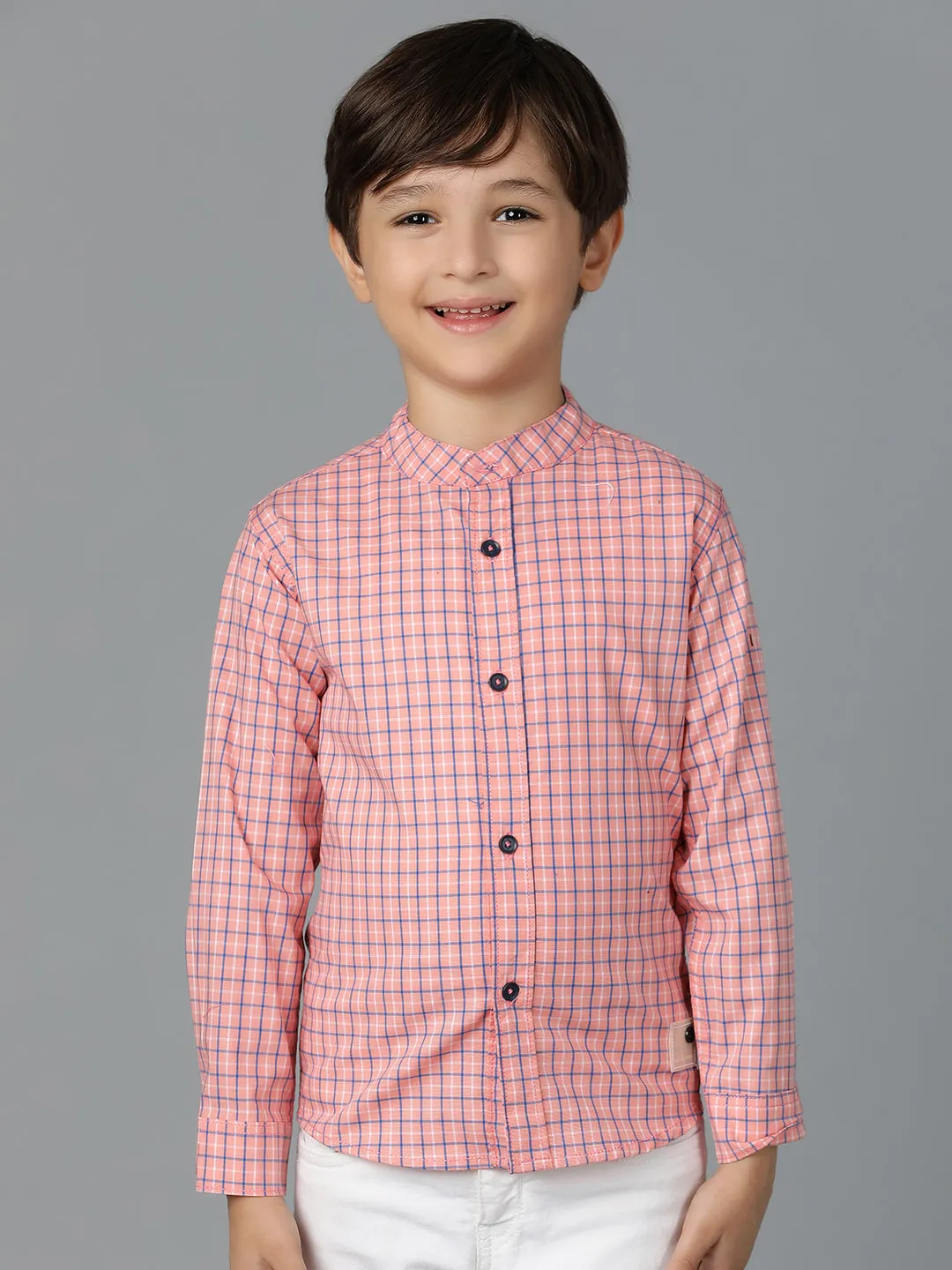 Boys Pink Checked Cotton Regular Fit Shirt