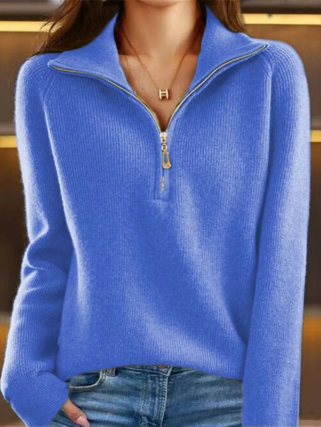 Chic Zip-Up Half-Placket Solid Knit Sweater