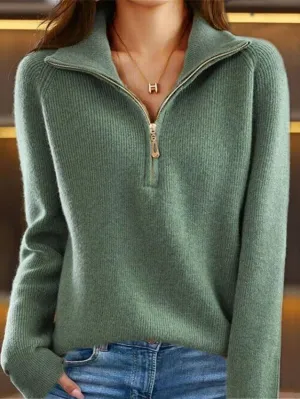Chic Zip-Up Half-Placket Solid Knit Sweater