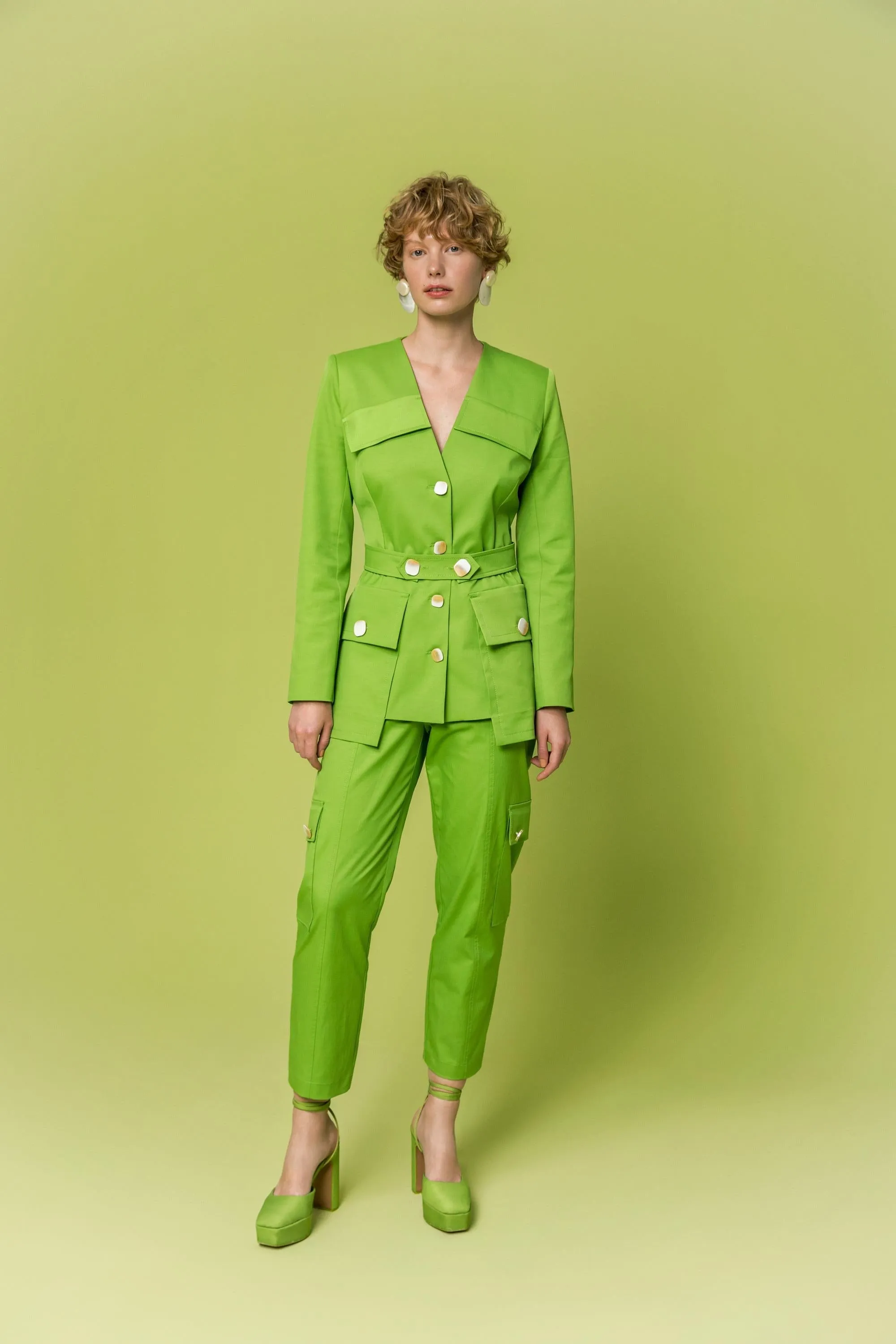 Collarless Pocket Detailed Jacket Green