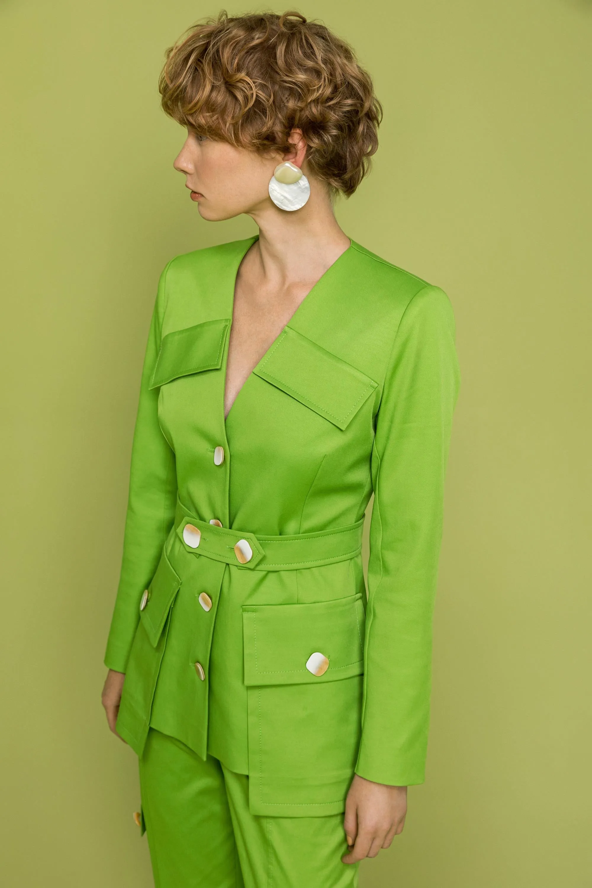 Collarless Pocket Detailed Jacket Green
