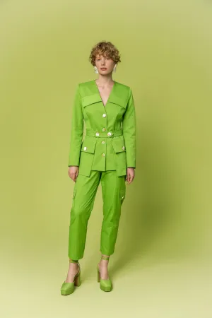 Collarless Pocket Detailed Jacket Green