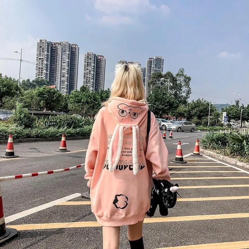 Cozy Street Vibes: Cartoon Bunny Ears Letter Print Hoodie - Your Go-To for Urban Comfort and Style! 🐰🌟