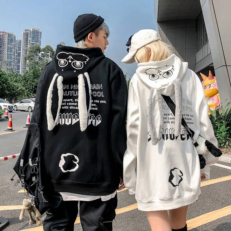Cozy Street Vibes: Cartoon Bunny Ears Letter Print Hoodie - Your Go-To for Urban Comfort and Style! 🐰🌟