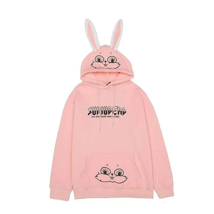 Cozy Street Vibes: Cartoon Bunny Ears Letter Print Hoodie - Your Go-To for Urban Comfort and Style! 🐰🌟