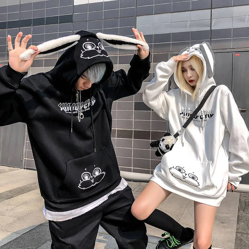 Cozy Street Vibes: Cartoon Bunny Ears Letter Print Hoodie - Your Go-To for Urban Comfort and Style! 🐰🌟