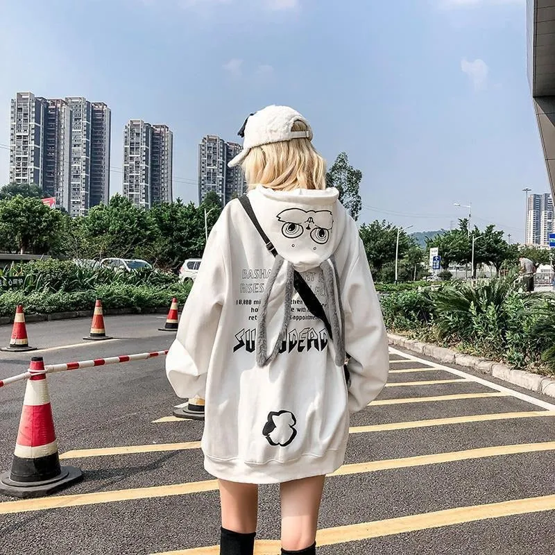 Cozy Street Vibes: Cartoon Bunny Ears Letter Print Hoodie - Your Go-To for Urban Comfort and Style! 🐰🌟