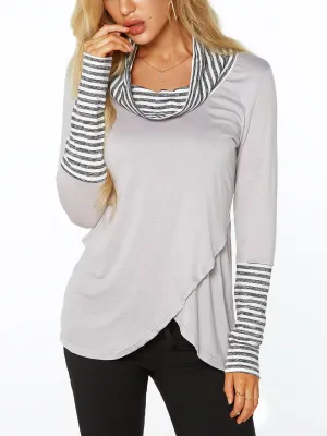 Custom Roll Neck Stripe Long Sleeve Irregular Hem T-Shirts