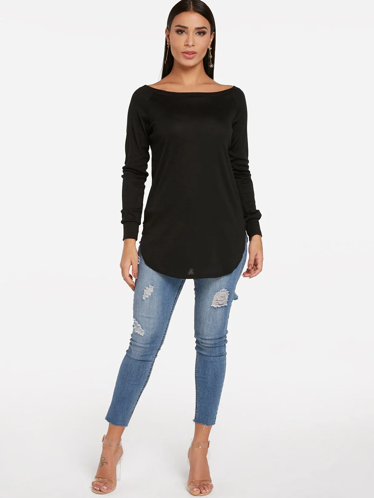 Custom Round Neck One Shoulder Plain Long Sleeve Curved Hem T-Shirts