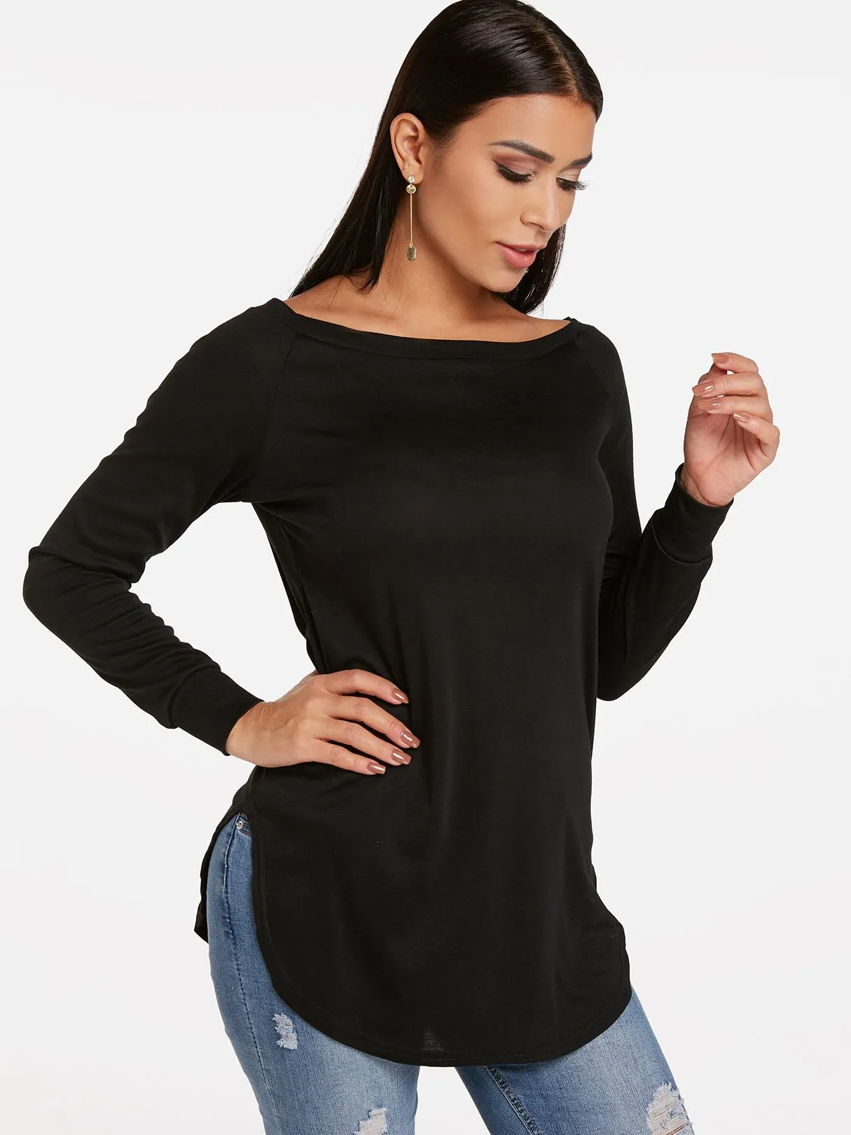 Custom Round Neck One Shoulder Plain Long Sleeve Curved Hem T-Shirts