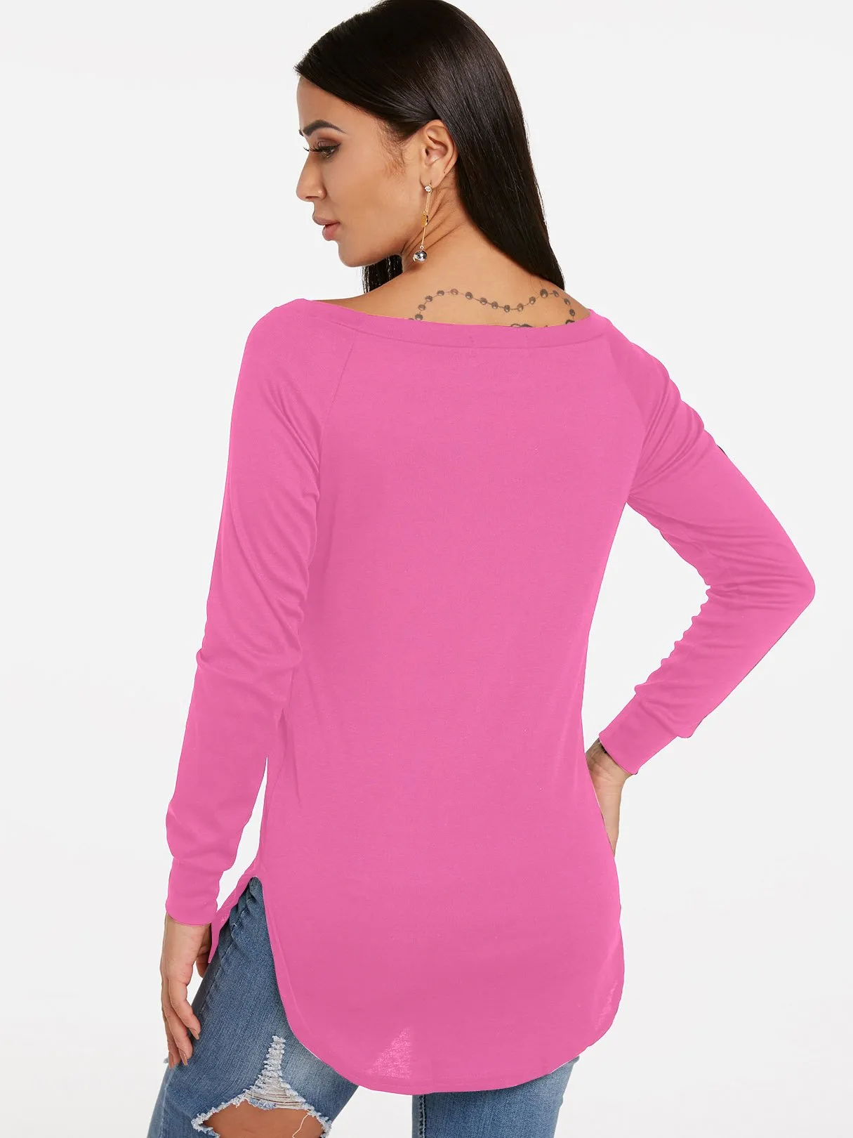 Custom Round Neck One Shoulder Plain Long Sleeve Curved Hem T-Shirts
