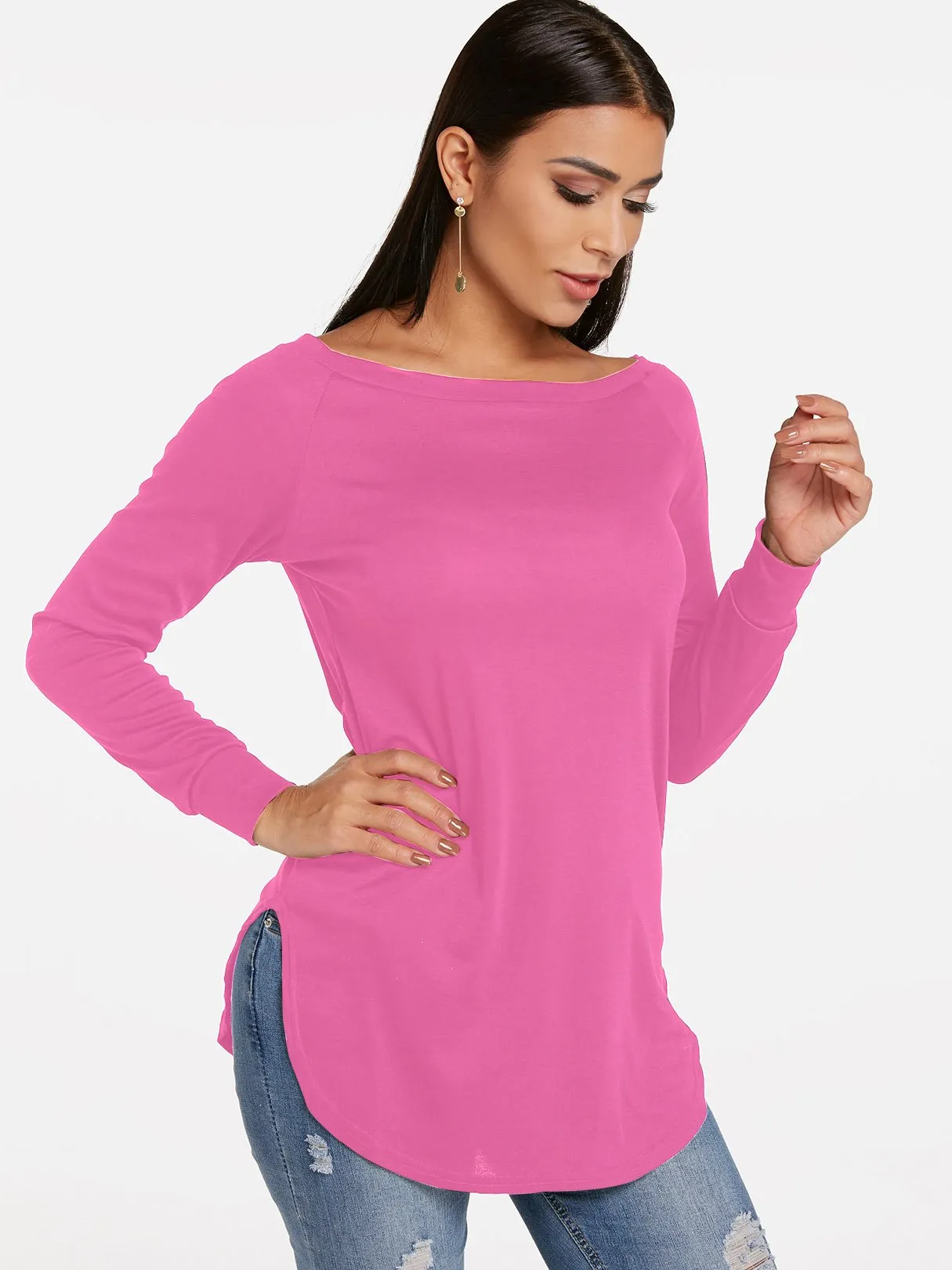 Custom Round Neck One Shoulder Plain Long Sleeve Curved Hem T-Shirts