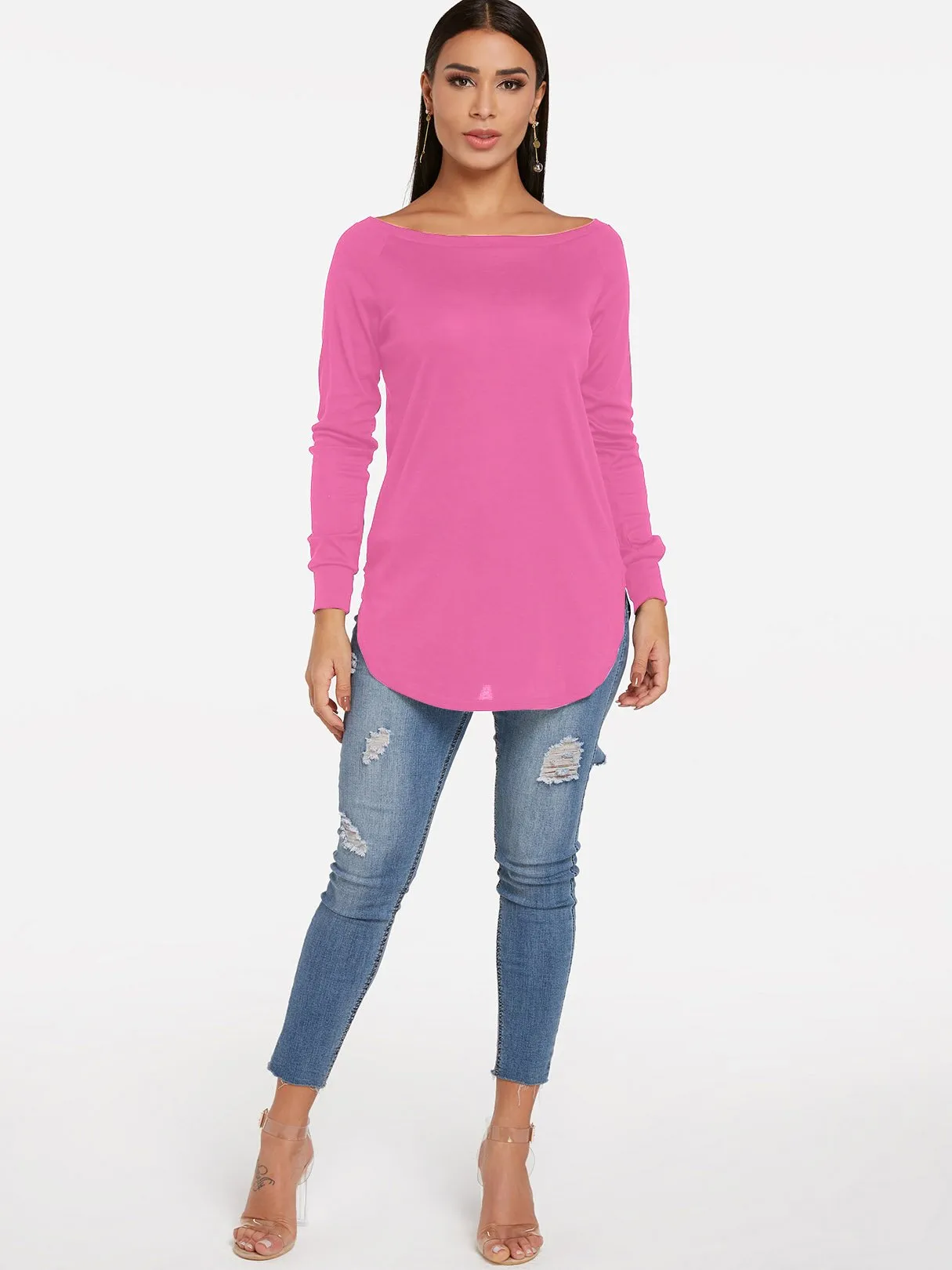Custom Round Neck One Shoulder Plain Long Sleeve Curved Hem T-Shirts