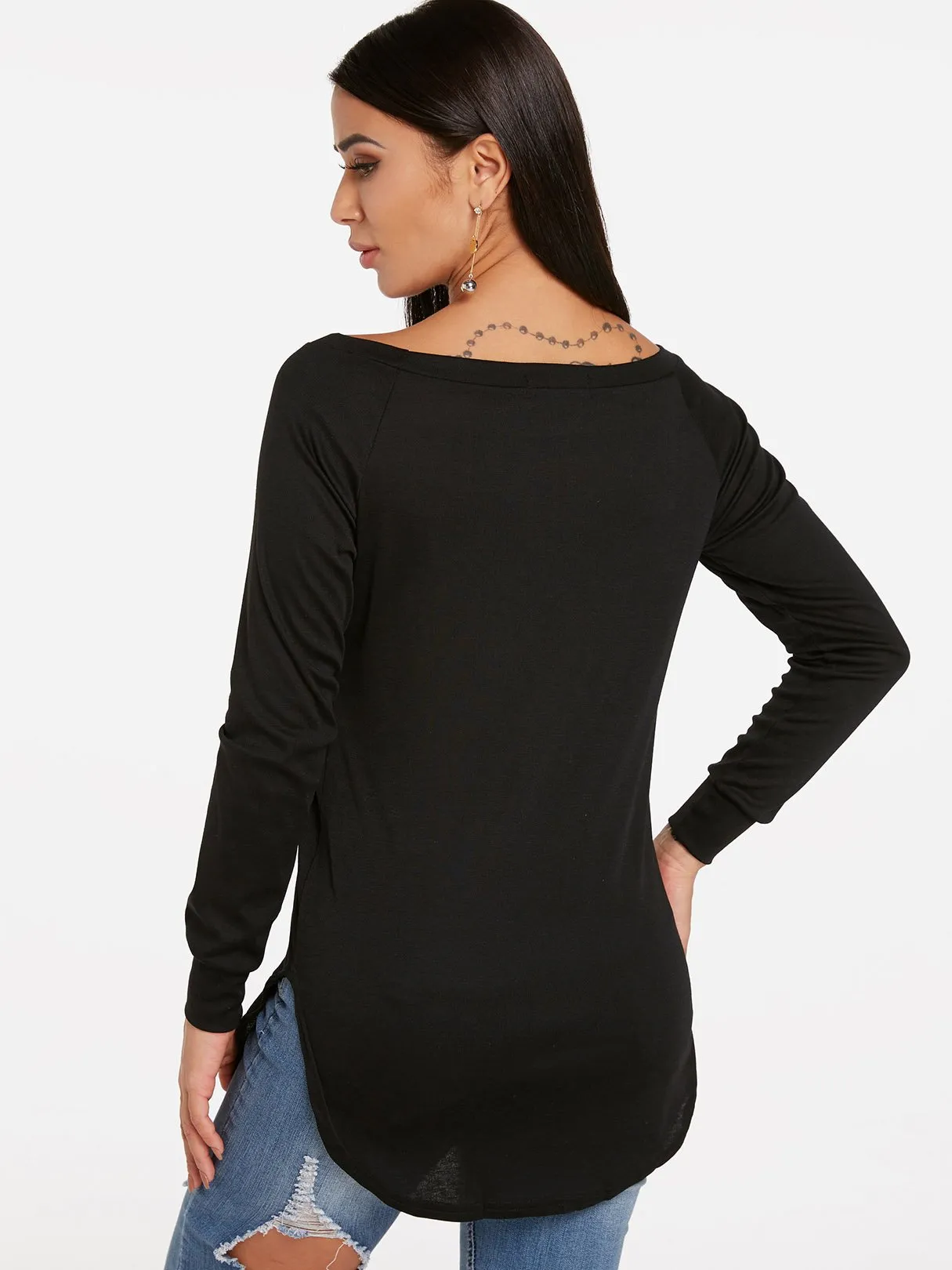 Custom Round Neck One Shoulder Plain Long Sleeve Curved Hem T-Shirts