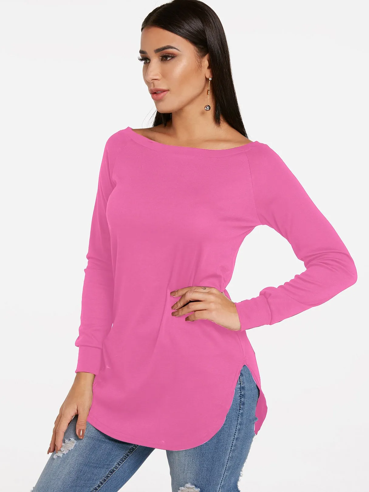 Custom Round Neck One Shoulder Plain Long Sleeve Curved Hem T-Shirts