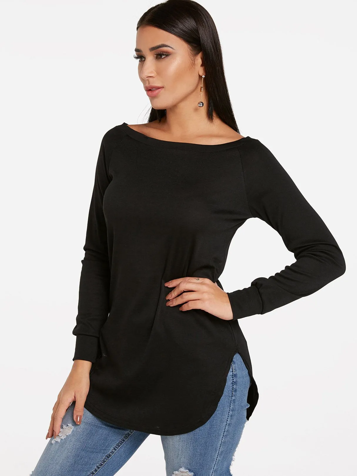Custom Round Neck One Shoulder Plain Long Sleeve Curved Hem T-Shirts