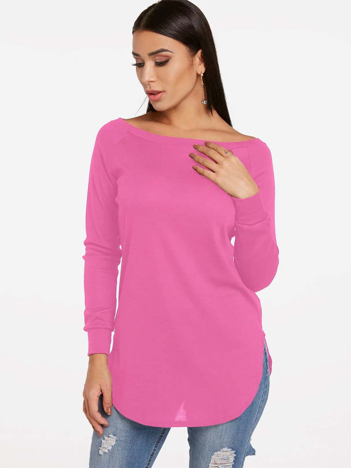 Custom Round Neck One Shoulder Plain Long Sleeve Curved Hem T-Shirts