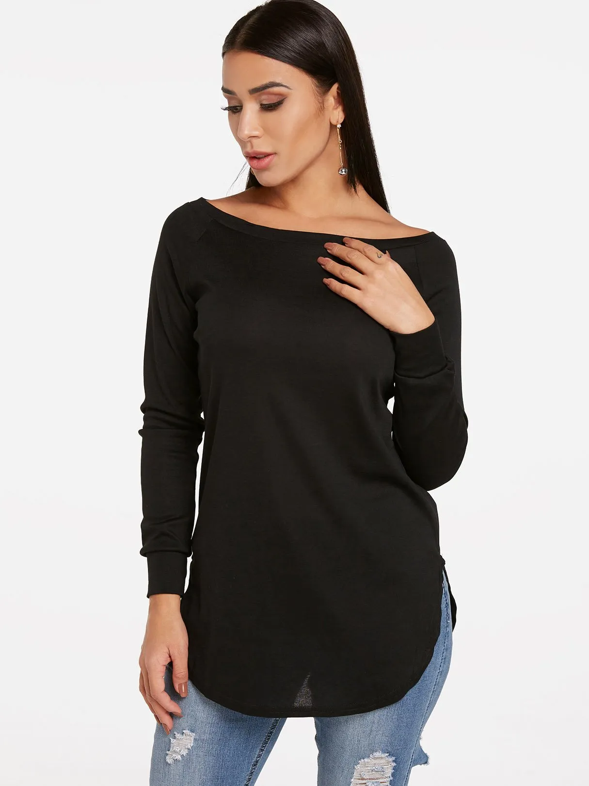 Custom Round Neck One Shoulder Plain Long Sleeve Curved Hem T-Shirts