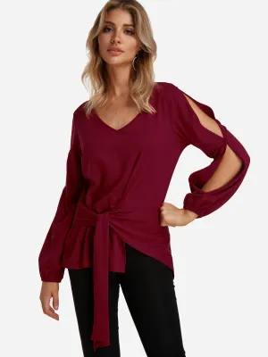 Custom V-Neck Plain Slit Self-Tie Long Sleeve Irregular Hem Burgundy Top