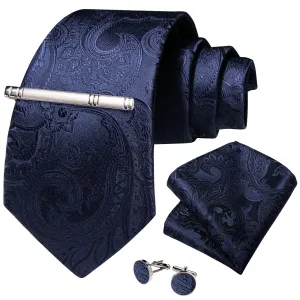 DiBanGu Silk Tie Midnight Blue Floral Men's Tie Handkerchief Cufflinks Clip Set