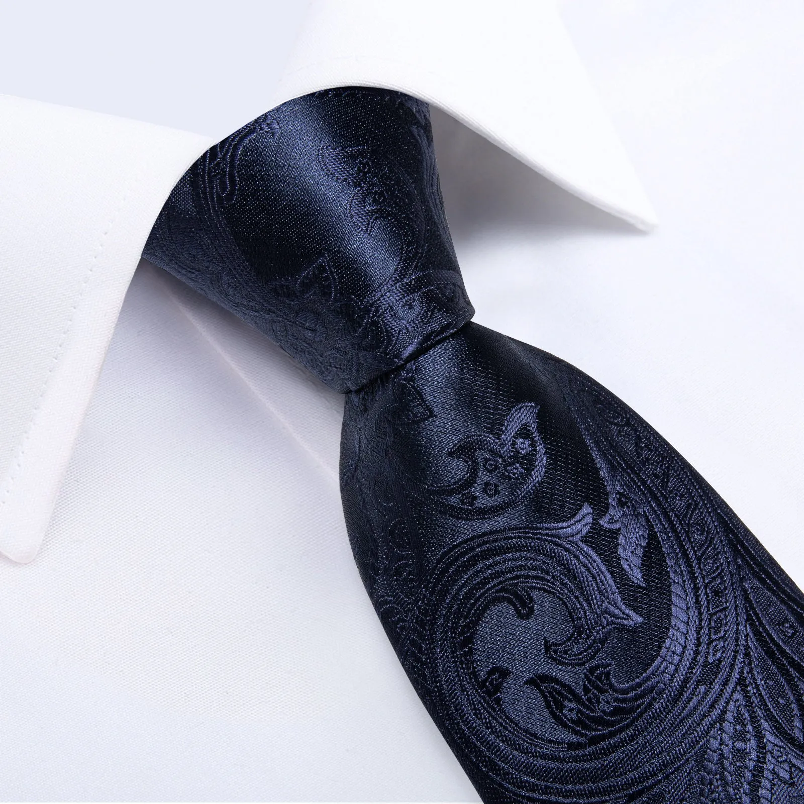 DiBanGu Silk Tie Midnight Blue Floral Men's Tie Handkerchief Cufflinks Clip Set