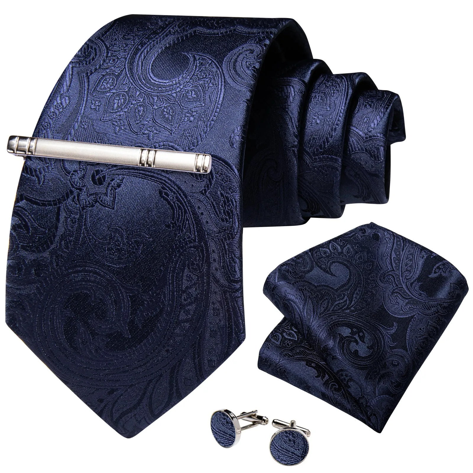 DiBanGu Silk Tie Midnight Blue Floral Men's Tie Handkerchief Cufflinks Clip Set