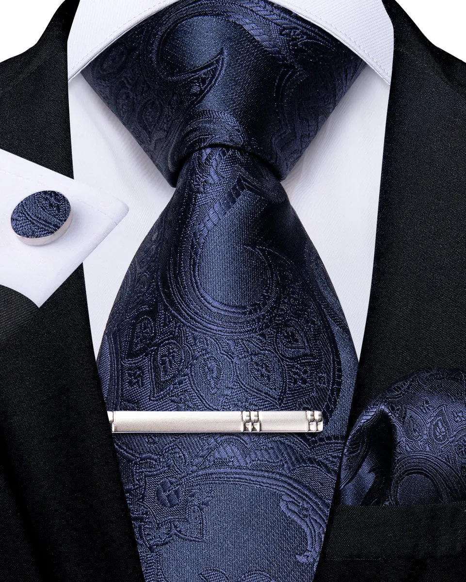 DiBanGu Silk Tie Midnight Blue Floral Men's Tie Handkerchief Cufflinks Clip Set
