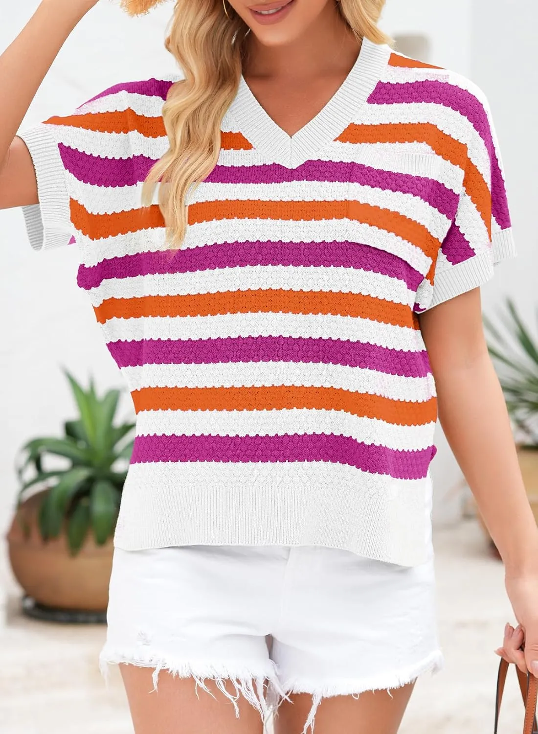 Dokotoo Women's Casual Short Sleeve Loose Tunic Tops Lightweight Striped Summer Sweaters Blouses Shirts